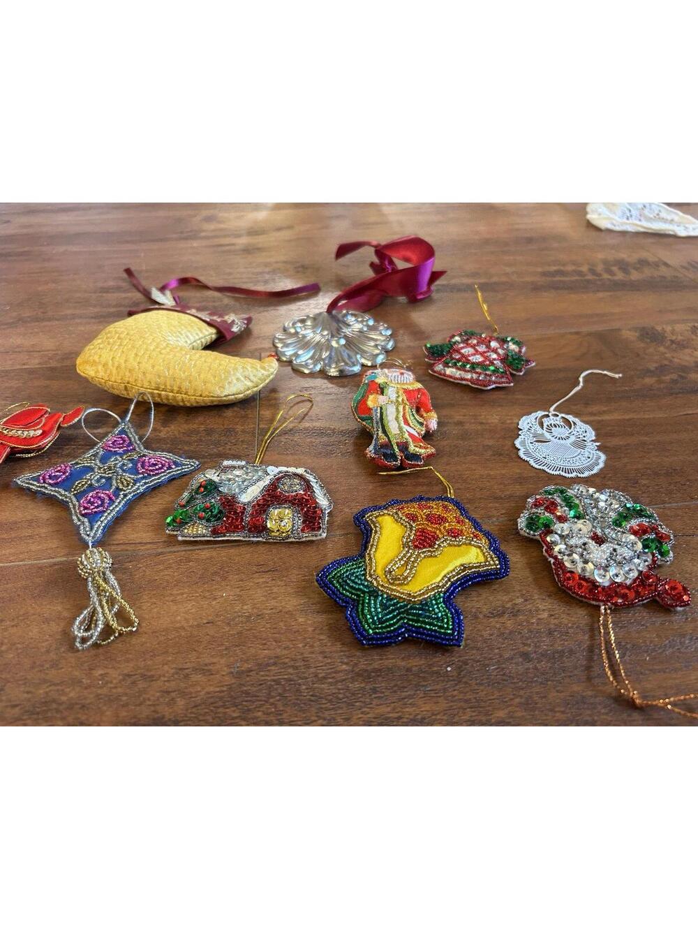 Set of 10 Handmade Beaded and Fabric Christmas Ornaments